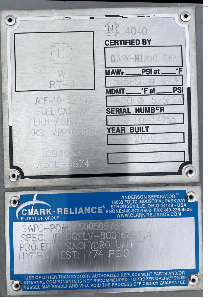 Clark Reliance Corp Fuel Gas Filter / Separator